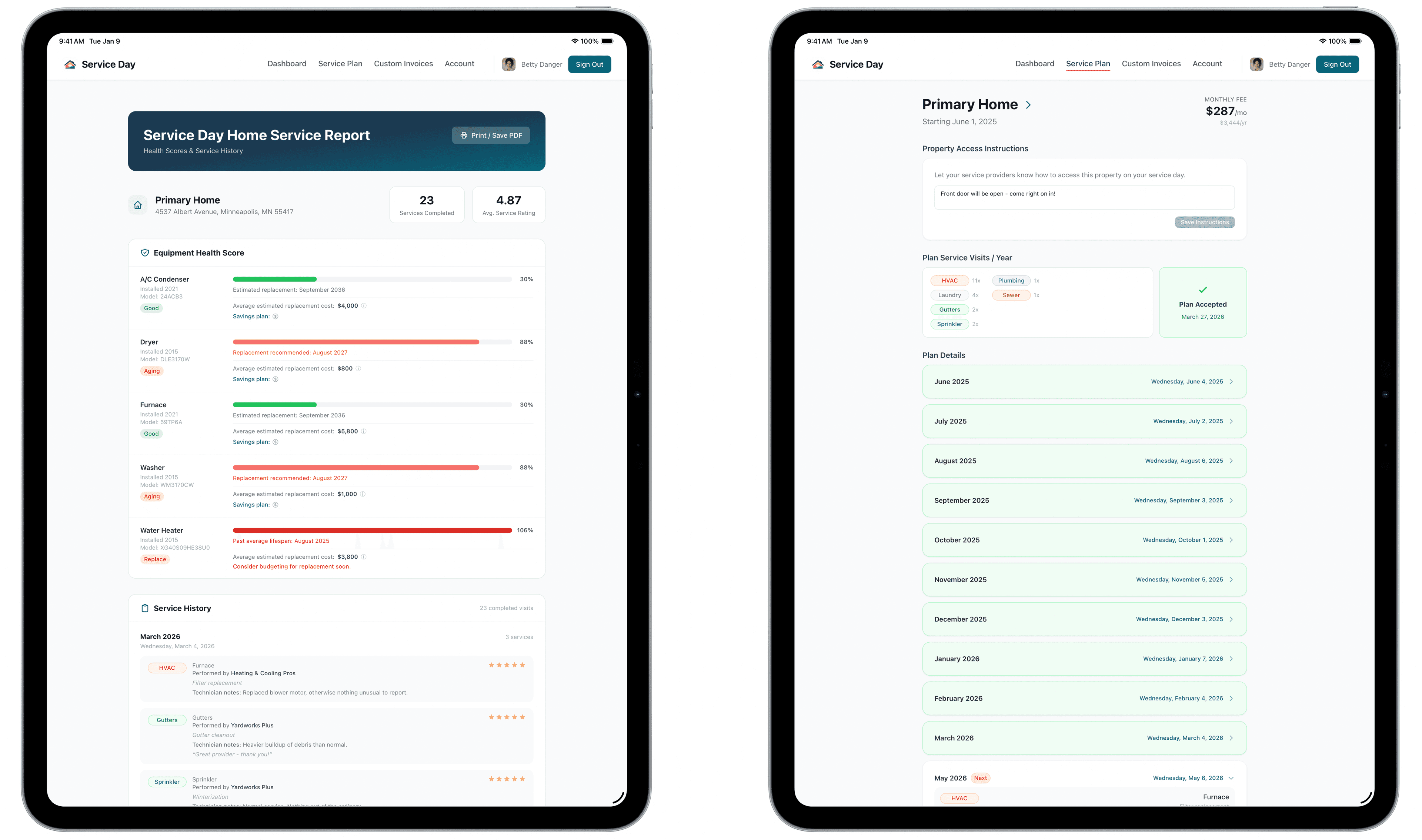 Service Day Home Service Report and Service Plan shown on two iPads
