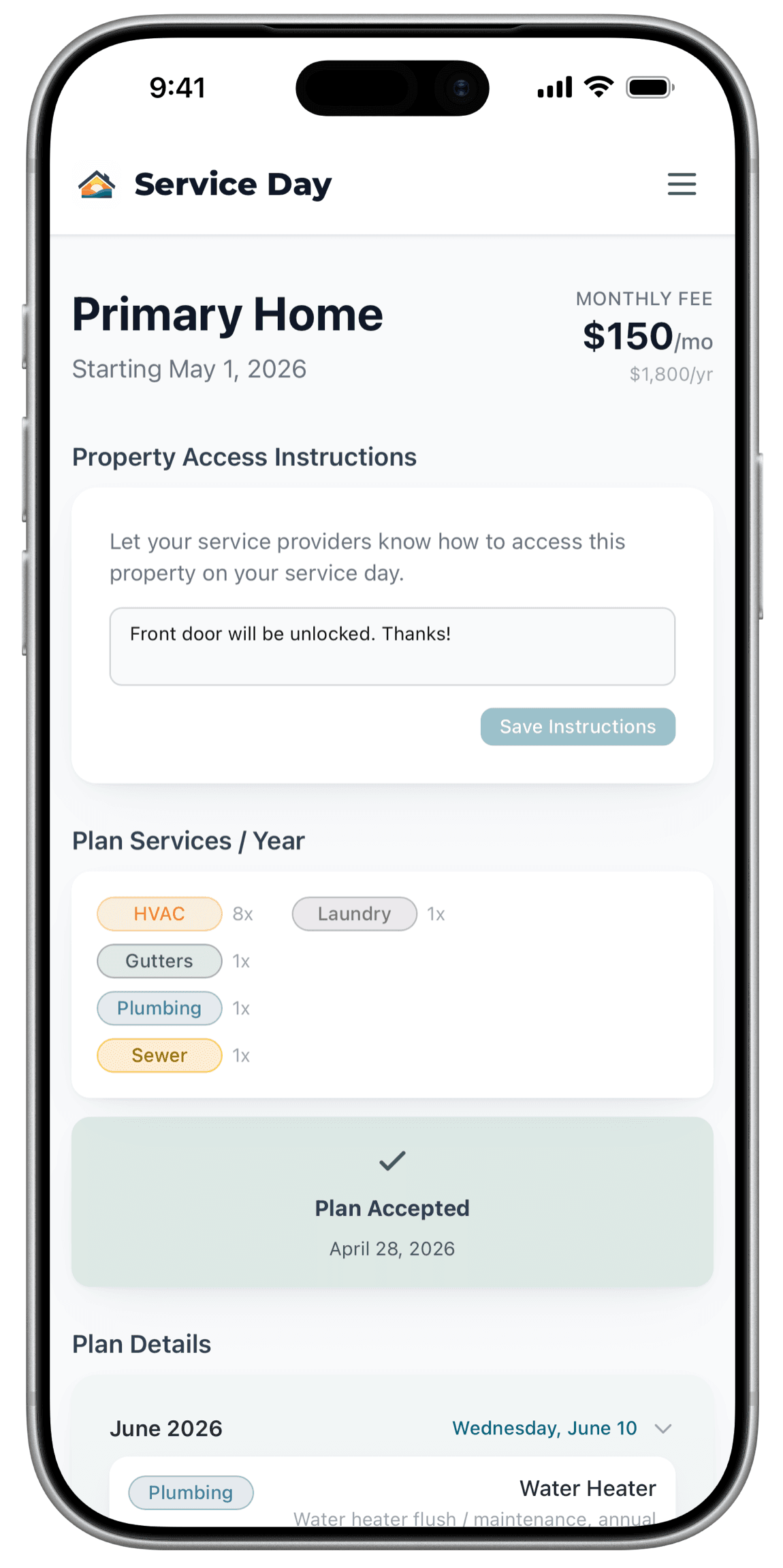 Service Day app showing a Primary Home service plan with monthly fee, access instructions, plan services per year, and accepted plan details